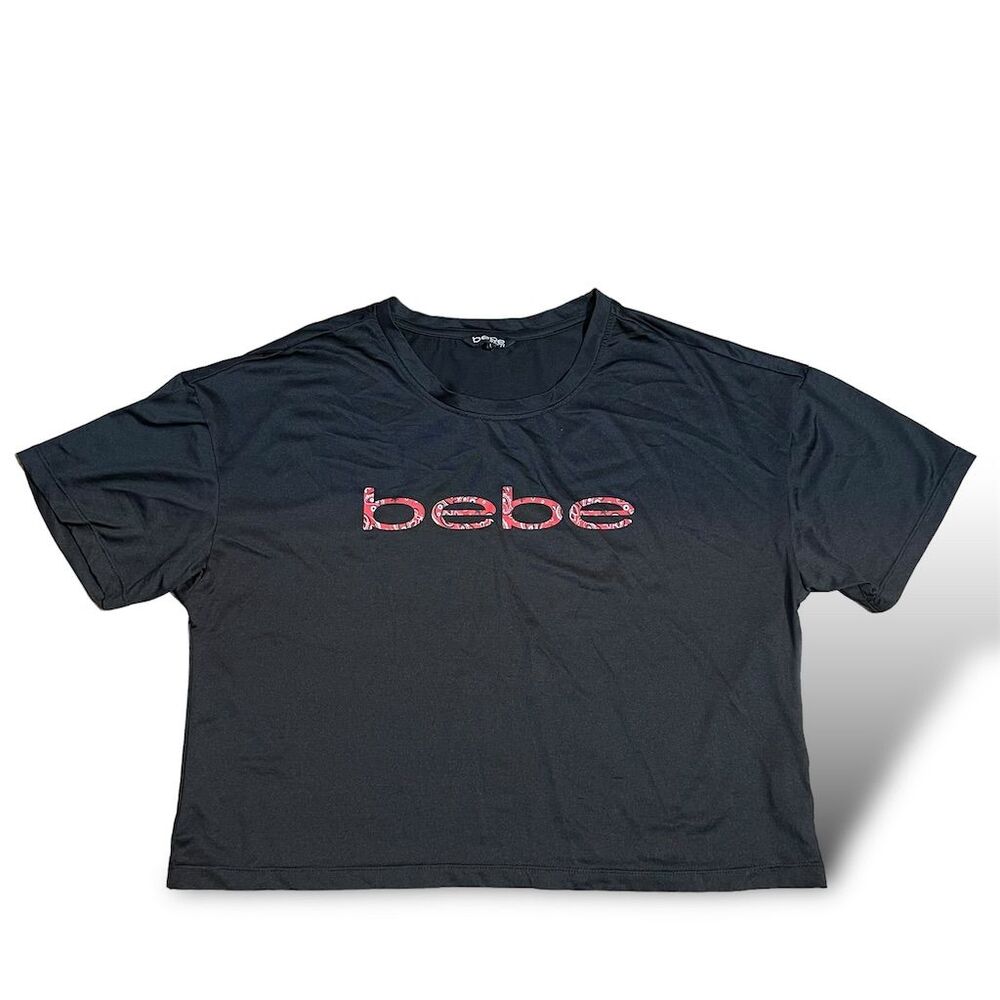 Bebe Sport Women's Black T-Shirt Leopard Logo Size L Short Sleeve Casual